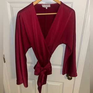L’Academie Burgundy Red Long Sleeve Silky Wrap Top, Small